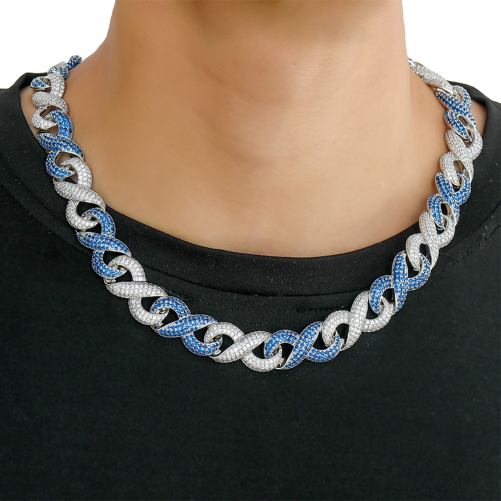 15mm 8 Shape Infinite Chain Cuban Chain 18K Real Gold Plated Blue Zircon Jewelry