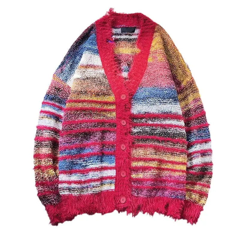 2024 Men Autumn Winter Striped Knitted Jackets Male Oversize Long Sleeve Cardigans Mens Vneck Casual Sweater Coats S414 241017