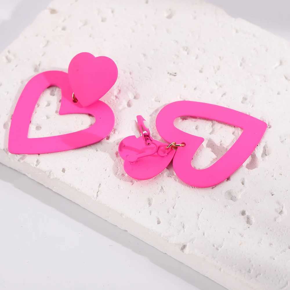 Pink double heart clip earrings hanging for women no perforations heart-shaped earrings Valentines Day Mothers Day gift W241017