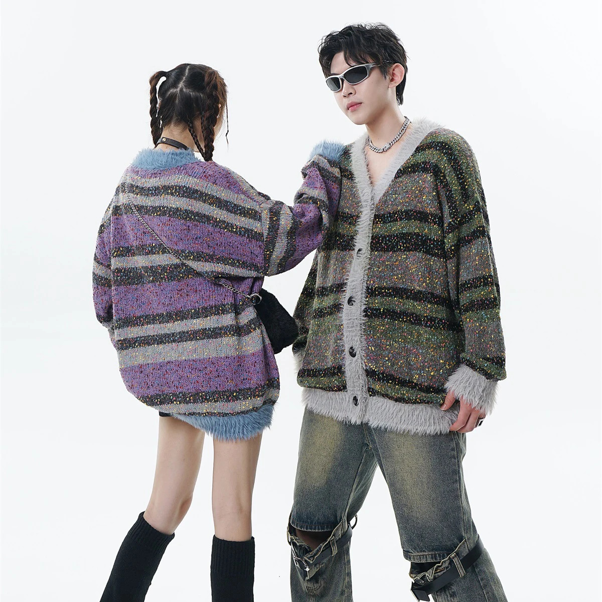 Colorful Spotted Stripe Cardigan Sweater Y2k Harajuku Mens and Womens Loose Mohair Knitwears Autumn Winter Knitted Outwear 241017