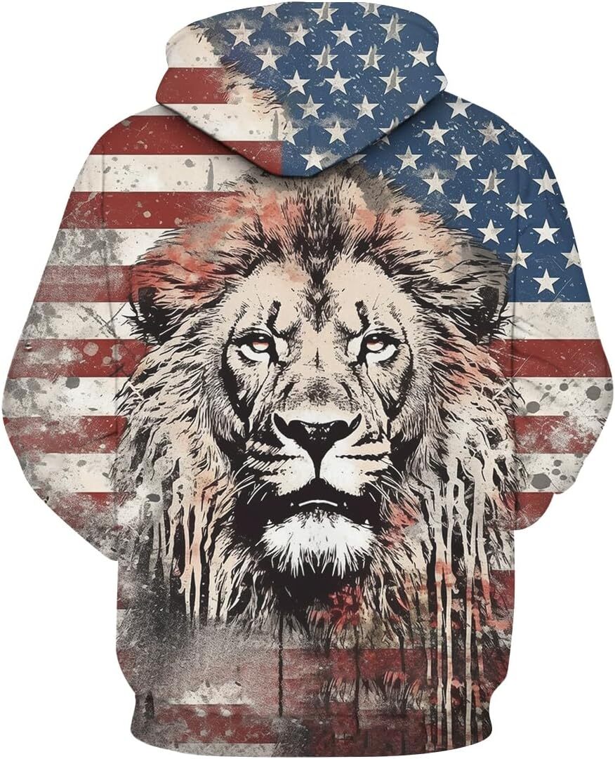 Hoodie for Mens Womens Splash-Ink American Flag Lion Hoodie Vintage Colorful Animal Hooded Sweatshirts Pullover Graphic Hoodies sweatshirt Fashionable