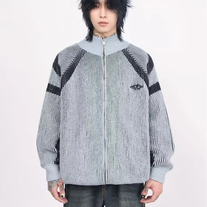 American Vintage Sweater Men Women Colorblock Panelled Zipup Cardigan Tops Standcollar Loose Longsleeved Casual Knit Unisex 241017