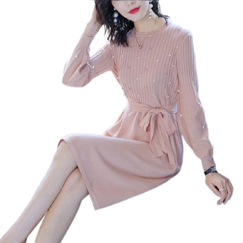 autumn winter o-neck midi sweater dress women A-Line midi sweater dress with belt elegant a-line solid loose dress 220316