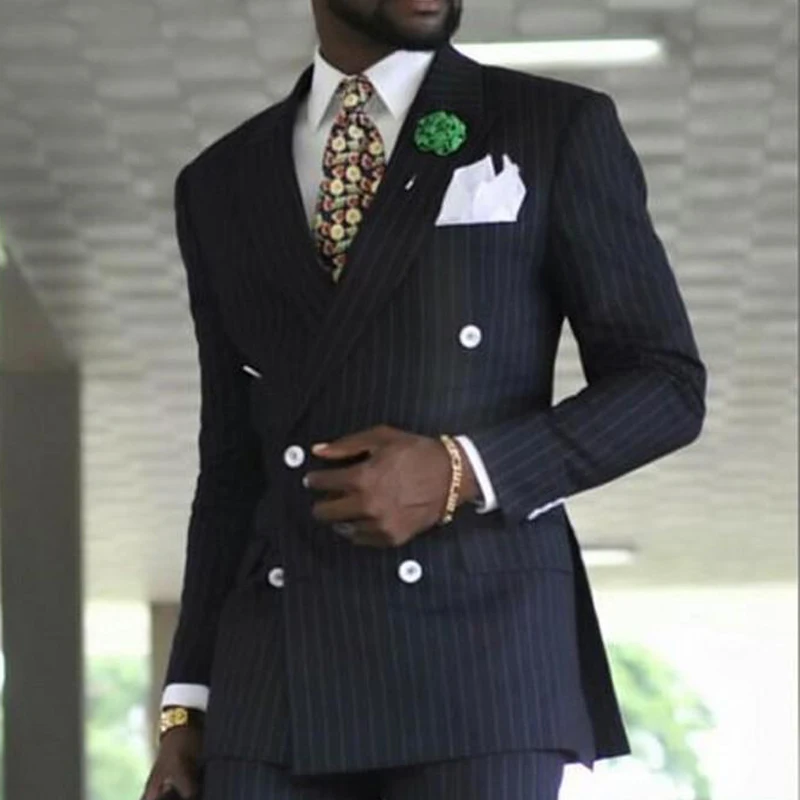 Striped Double Breasted Suits for Men Business 2 Piece Formal Wedding Tuxedo Peaked Lapel Male Fashion Jacket with Pants 2024