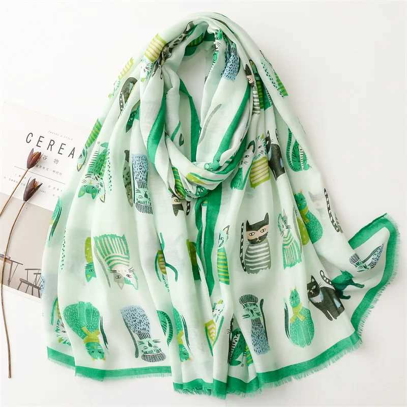 2023 Autumn Cute Cartoon Cat Pattern Adhesive Shawl Womens High Quality Soft Packaging Pashmina Stole Bufandas Muslim Headscarf 180 * 90cm X241017
