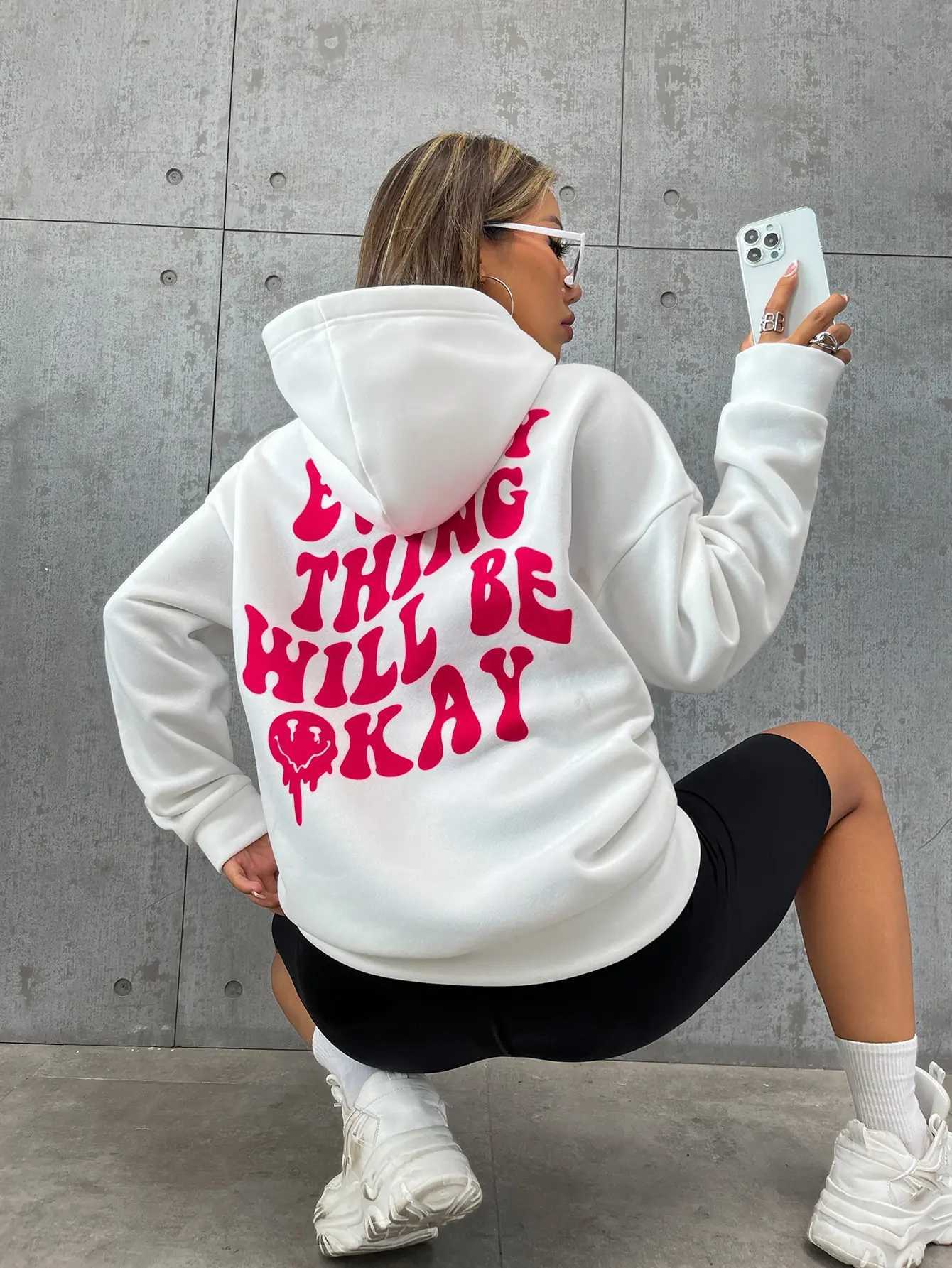Every Thing Will Be Okay Creative Letter Hoody Female Casual Pocket Hoodie Fashion Loose Clothes Warm Comfortable PulloverX241016