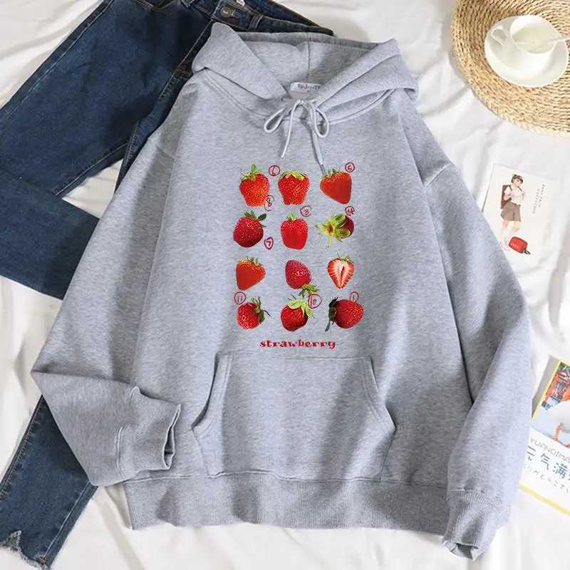 Complete Strawberries Printing Female Sport Shirts Leisure Thick Hoodie Sporty Drawstring Pocket Sportwear Versatile Comfy TopsX241016