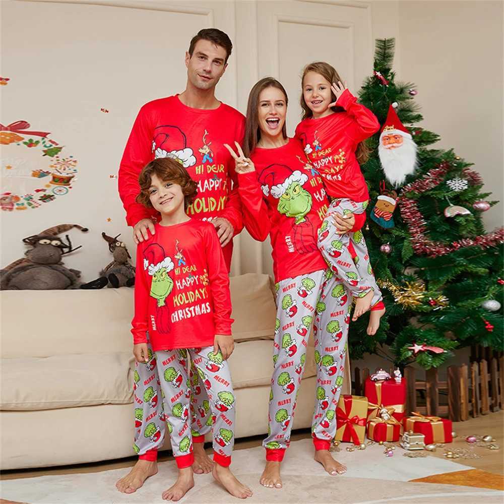 Family Christmas Pajama Set Cartoon Printed Family Matching Clothing Father Mother Childrens Pajamas Red Baby Panties W241015