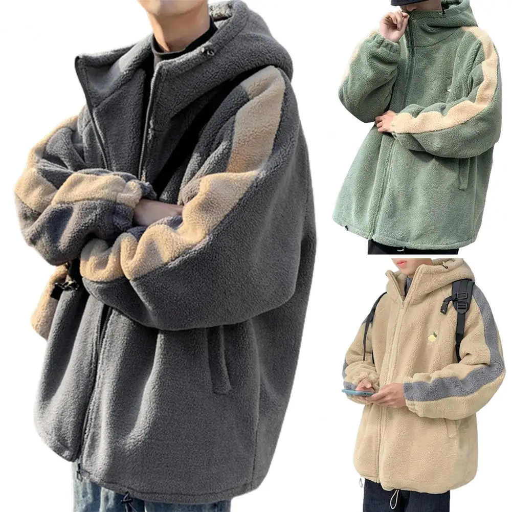 2023 Men Winter Sherpa Jacket Contrast Color Patchwork Fuzzy Coat Hooded Thick Warm Loose Fleece Streetwear Harajuku Parkas 241017