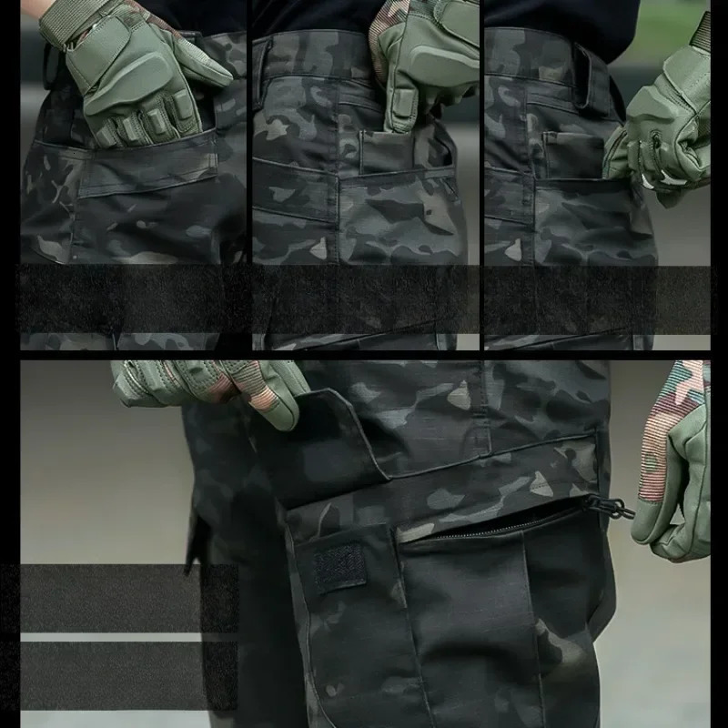 Outdoor Training Suit Men Durable Breathable Tshirt Cargo Pants Set Waterproof Suits Multiple Pockets Camo 2 Pcs 241017