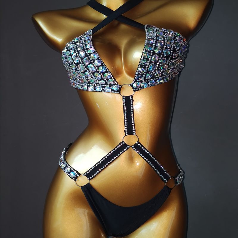 Women's Swimwear Diamond Chain Bikini One Piece Three Point Sexy Swimwear, High Waist Strap Nightclub Dress Party Dress Swimsuit Women