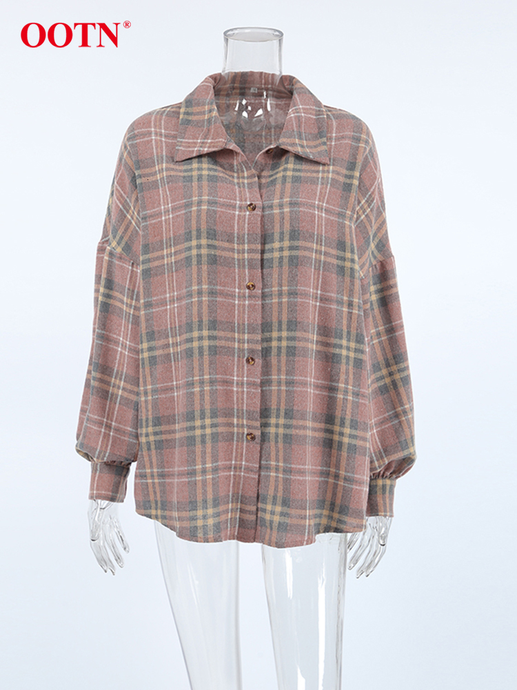 OO Casual Pink Plaid Blouses Female Summer Long Sleeve Striped Loose Tops Streetwear Single Breasted Shirts Coats Women