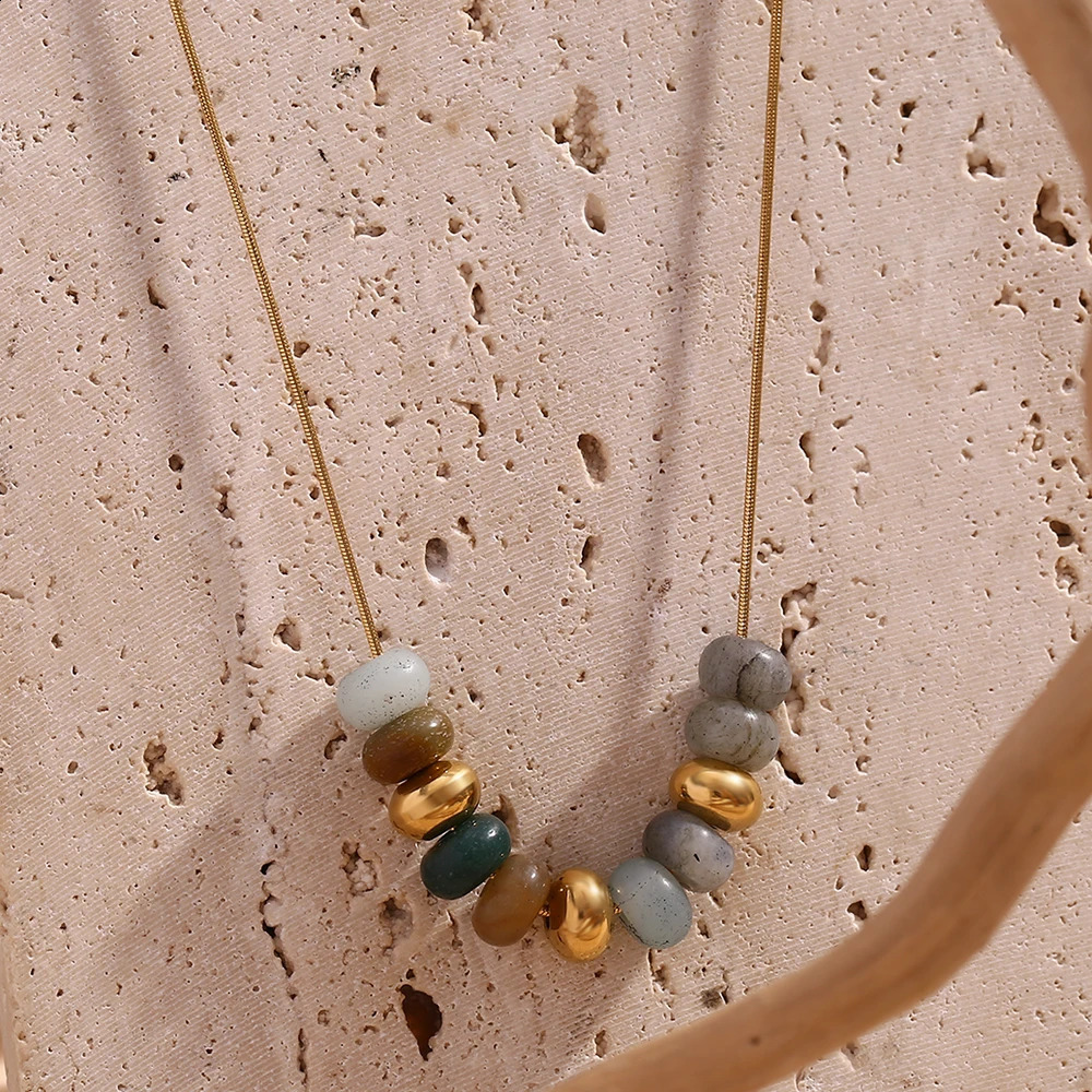 E. B.belle Natural Stone Bead Snake Chain Necklace 18K Gold Plated Jewelry 316L Stainless Steel Decoration 241017