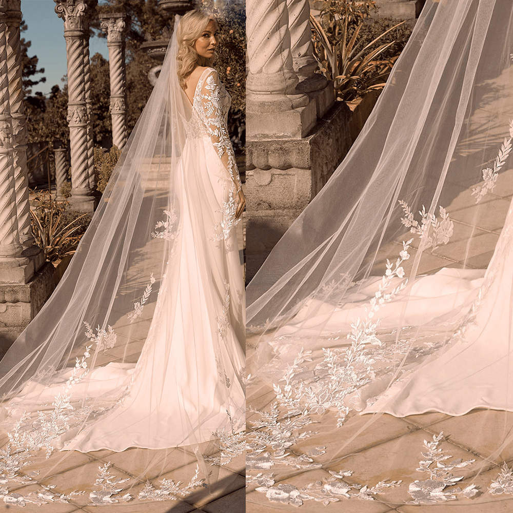 Simple Wedding Veil Appliques One Layer Long Cathedral Length Veils Applique Edge With Comb Custom Made Bridal Accessories