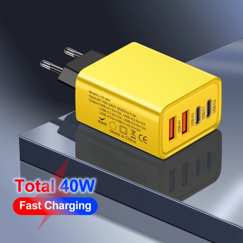 40W 4-Port Block Charging Dual Type C Power Adapter+QC Double USB A Port Wall Plug Multiple Mobile Phone Charger for iPhone Samsung