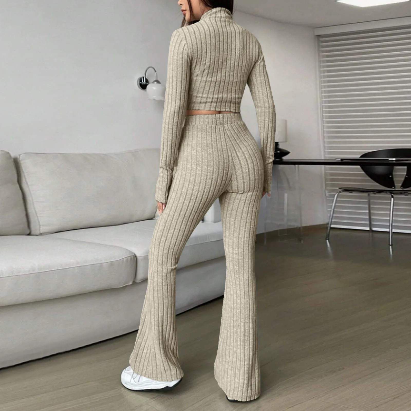 2024 Autumn Womem Knitted Warm 2 Piece Outfits Korean Turtleneck Sweater Top Slim Flared Pants Sets Lady Clothing 241017