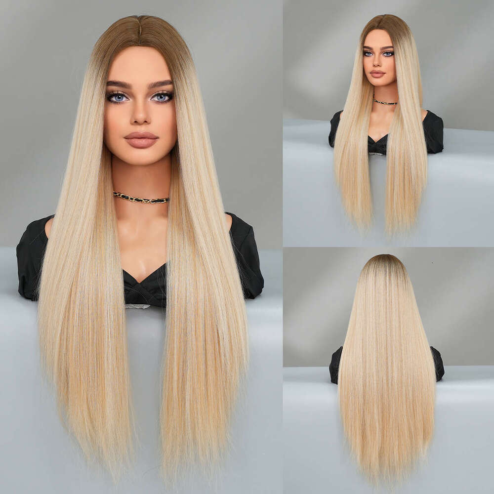 Blonde Women's Extra Long Medium Split Straight Hair Full Headset Nordic Natural Gold Gradually Changing Fiber Wig