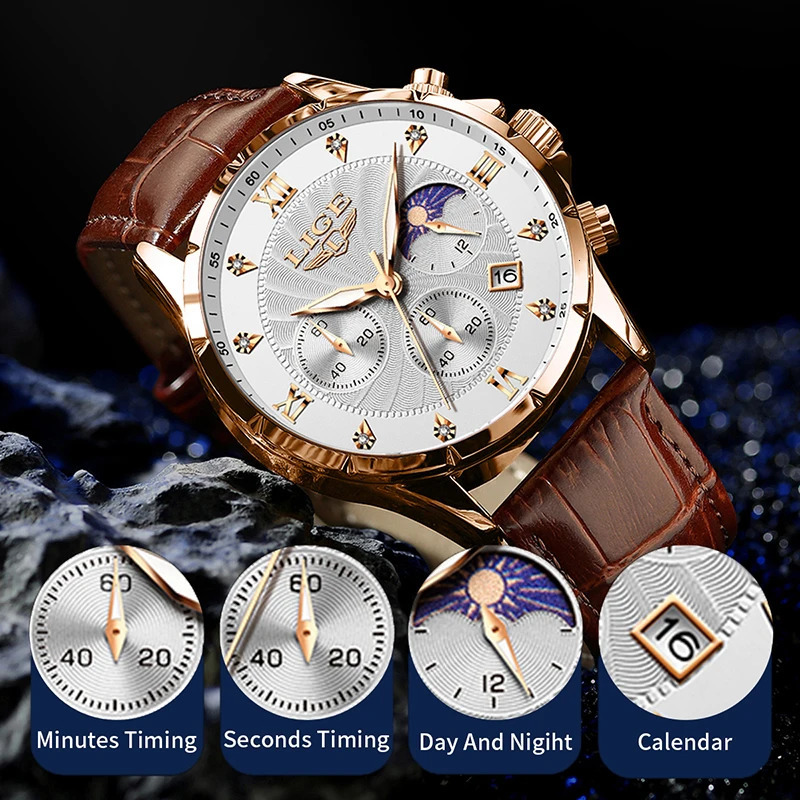 Mens Watch LIGE Fashion Quartz Watch Leisure Business Leather Waterproof Watch Mens Reloj Hombre 241009