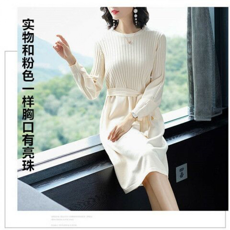 autumn winter o-neck midi sweater dress women A-Line midi sweater dress with belt elegant a-line solid loose dress 220316