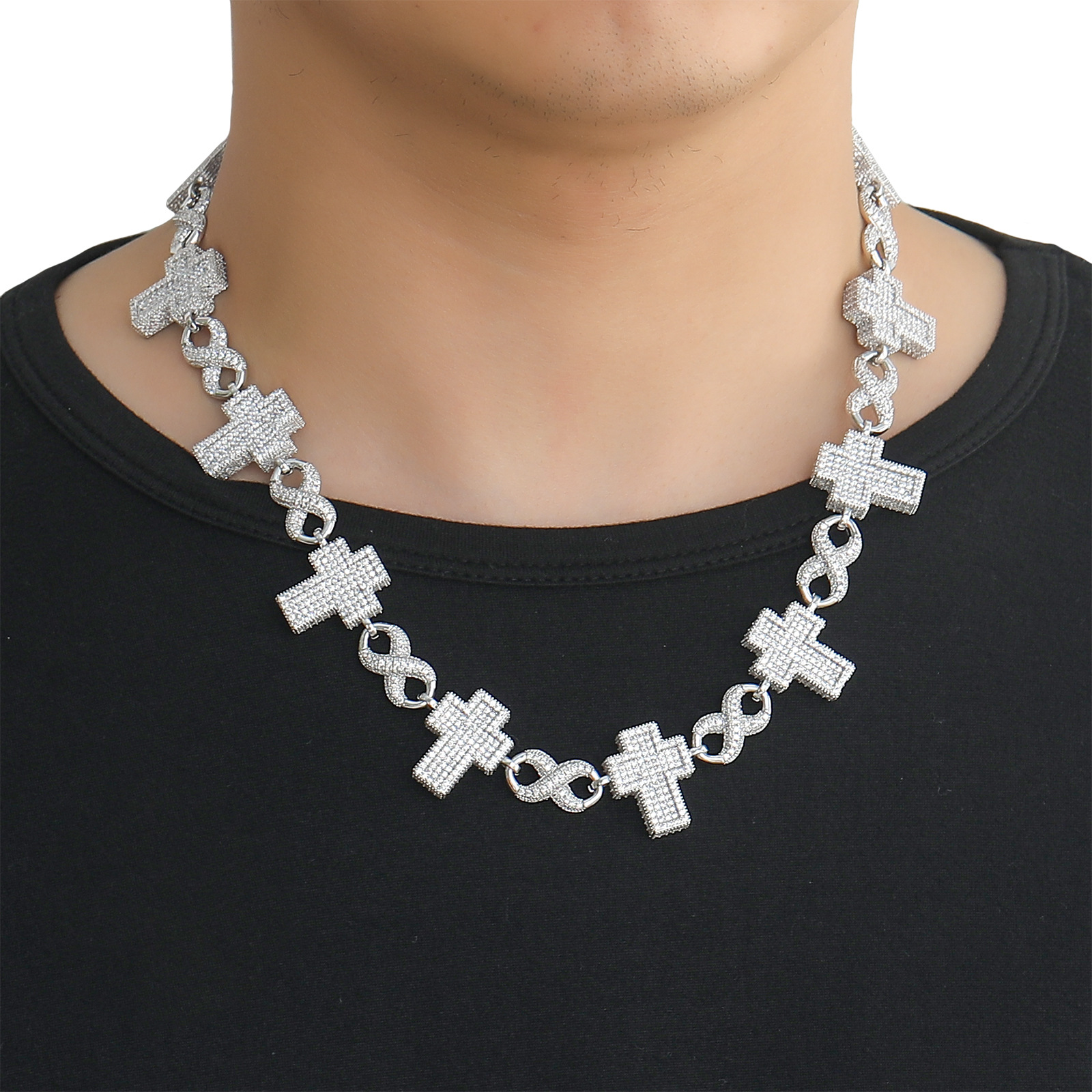 15mm Cross Infinite Chain Cuban Chain Necklace Bracelet 18K Gold Plated Jewelry