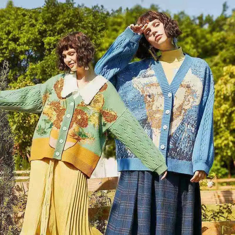 Unisex Cardigan Sweater Harajuku Van Gogh Sunflower Knitted Button Women Men Autumn Casual Loose Knit Top Green Blue 241017
