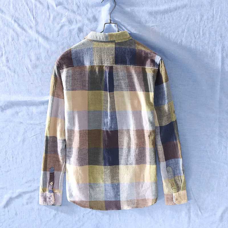 Men Clothing 2022 Simple Plaid Long-sleeved Cotton Linen Shirt Mens Casual Thin Literary Youth Breathable Loose Linen Shirt LX241017
