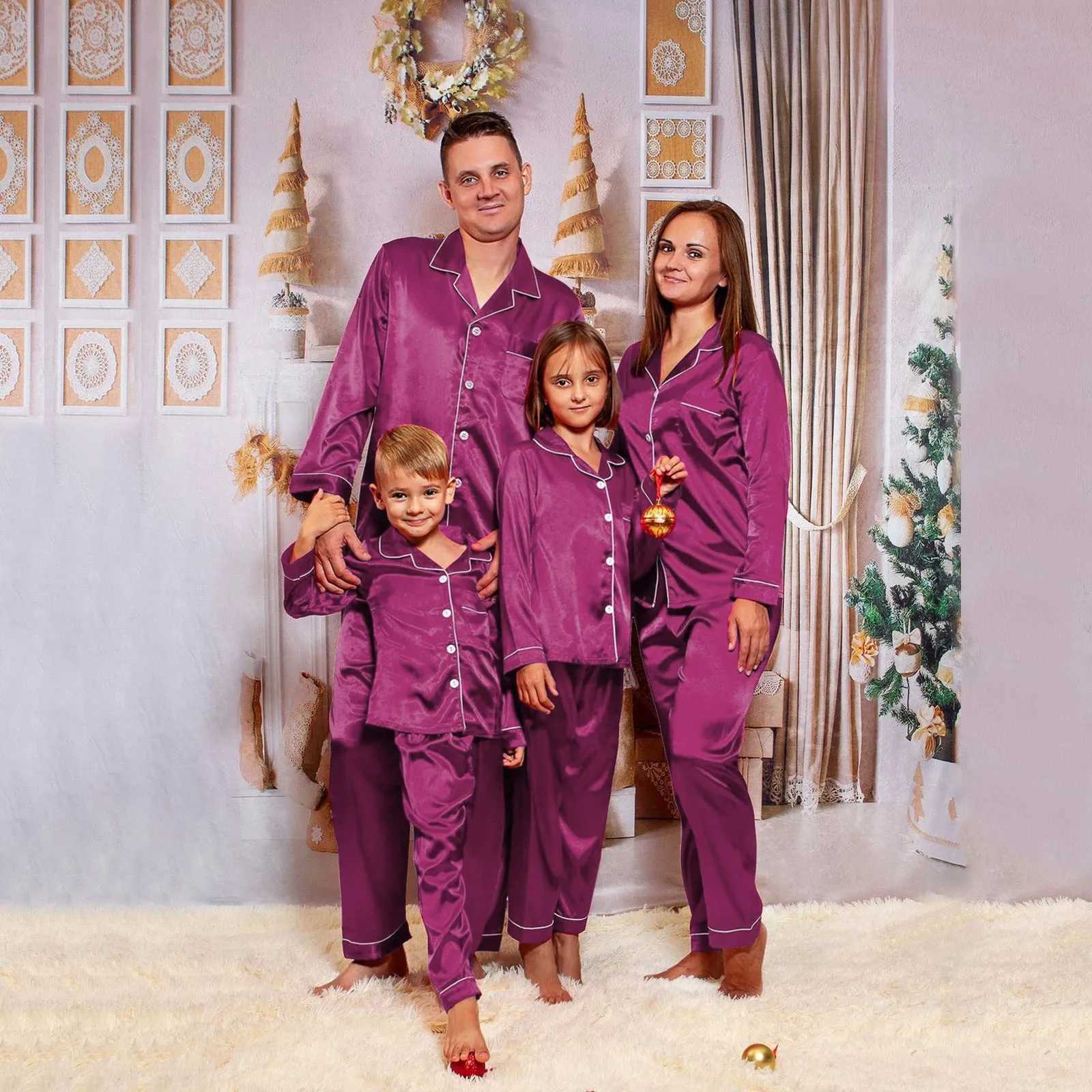 Christmas satin solid color pajamas set suitable for families appearance matching clothing buttons casual shirts and pants parents and childrens set W