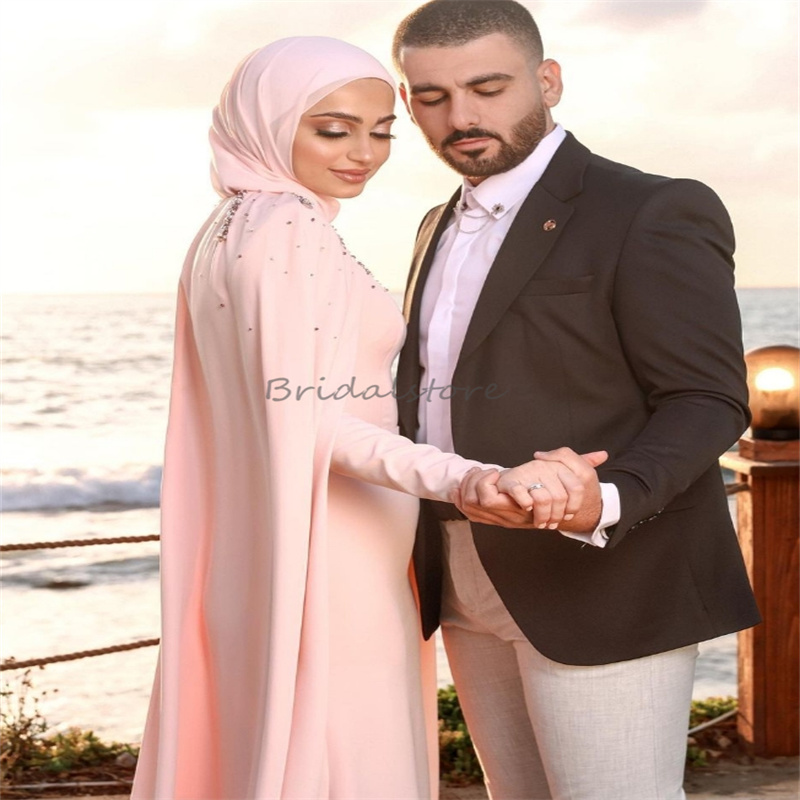 Islamic Muslim Pink Wedding Dresses With Cape 2025 Elegant Beaded Pagan Country Bridal Dress Long Sleeve Dubai Arabic Bride Gown Robe De Mariee Custom