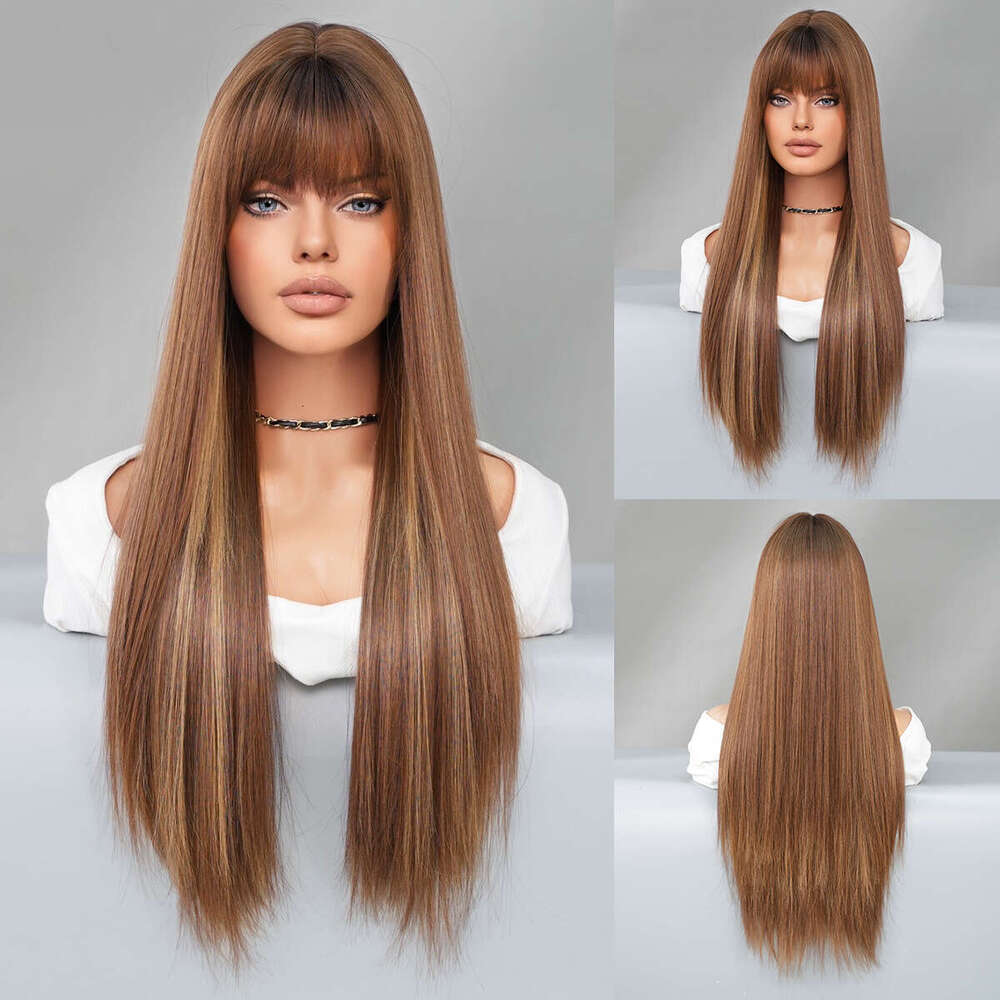 Jinhua Wig Long With Bangs, High-Quality High Silk Synthetic Straight Hair Full Head Cover