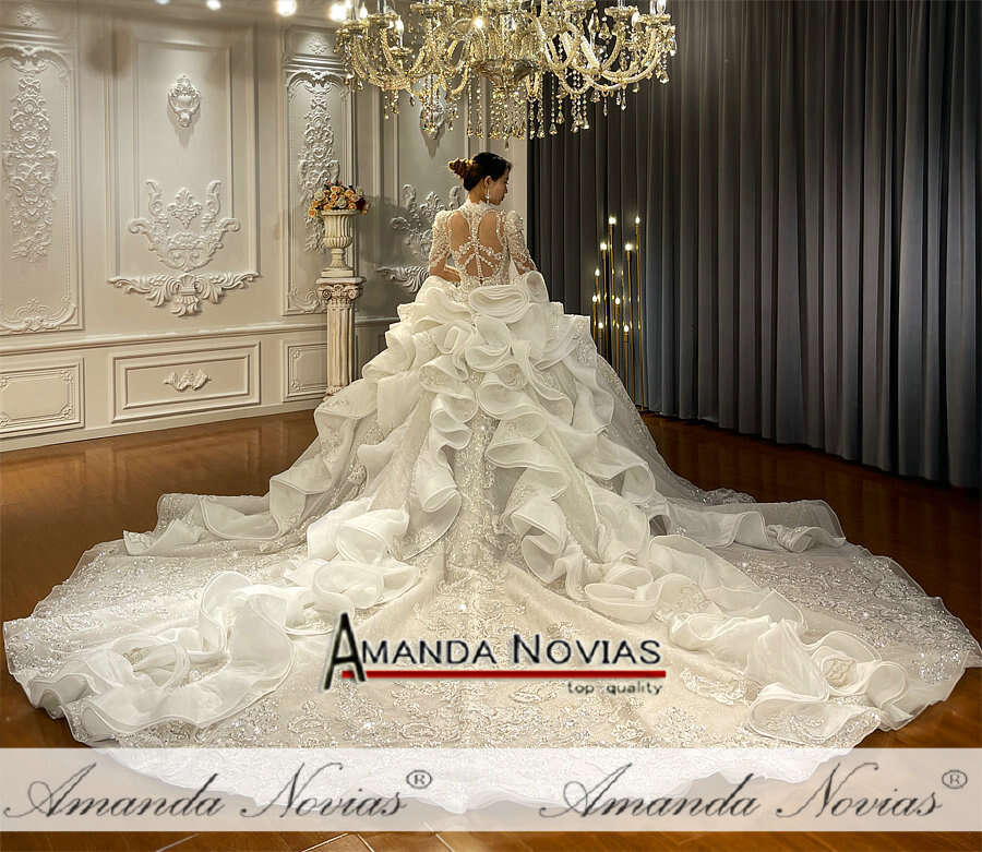 Lace Applique Crystal Beading Royal Train Wedding Dress