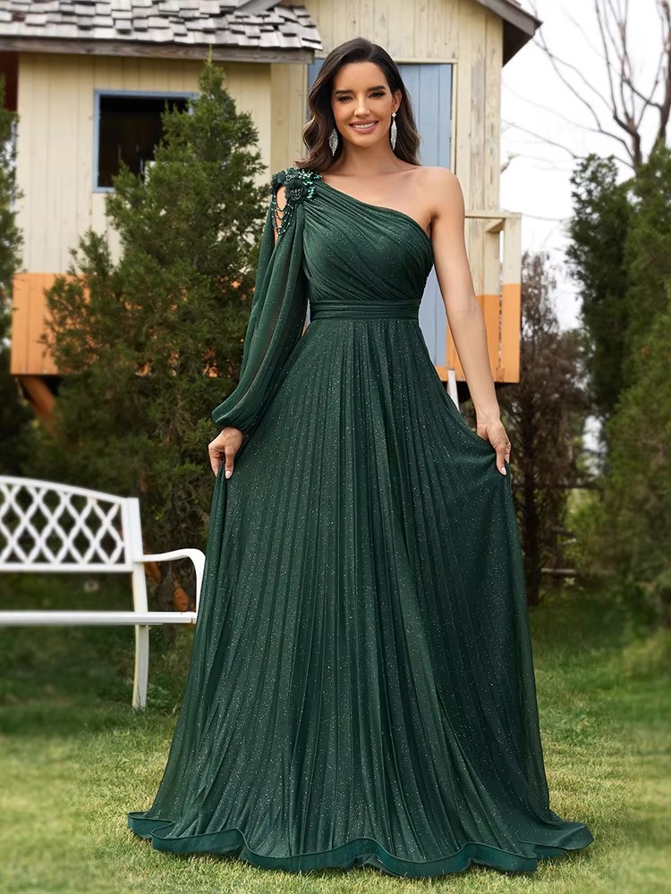Elegant one-shoulder Long Sleeves Sparkle Floor Length Evening Dress 2024 Green Flower Bridesmaid Party Cocktail Prom