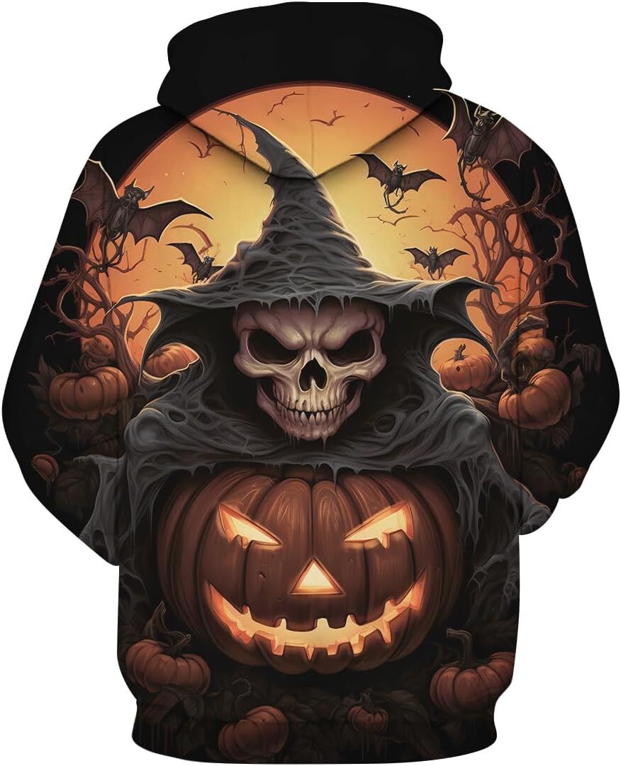 Hoodie for Mens Womens Vintage 3D Halloween Skull Pumpkin Hoodie Mens Skeleton Castle Graphic Sweatshirts Pullover, Black GraphicPullover Long Sleeve