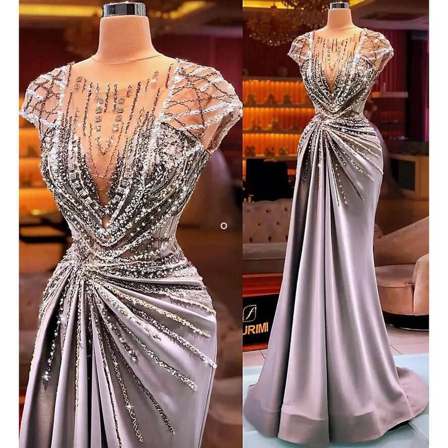 Arabic Aso Size Plus Ebi Sier Mermaid Urious Prom Dresses Sheer Neck Beaded Crystals Evening Formal Party Second Reception Gowns