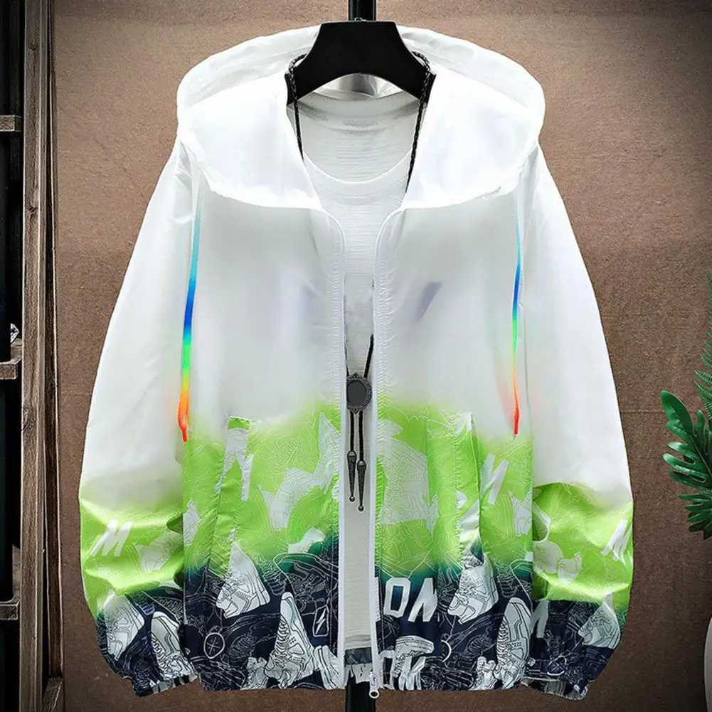 Men Sun Protection Clothing Hooded Long Sleeve Pockets Sunscreen Jacket Zipper Placket Shoes Print Quick Drying WindbreakerXJ241017