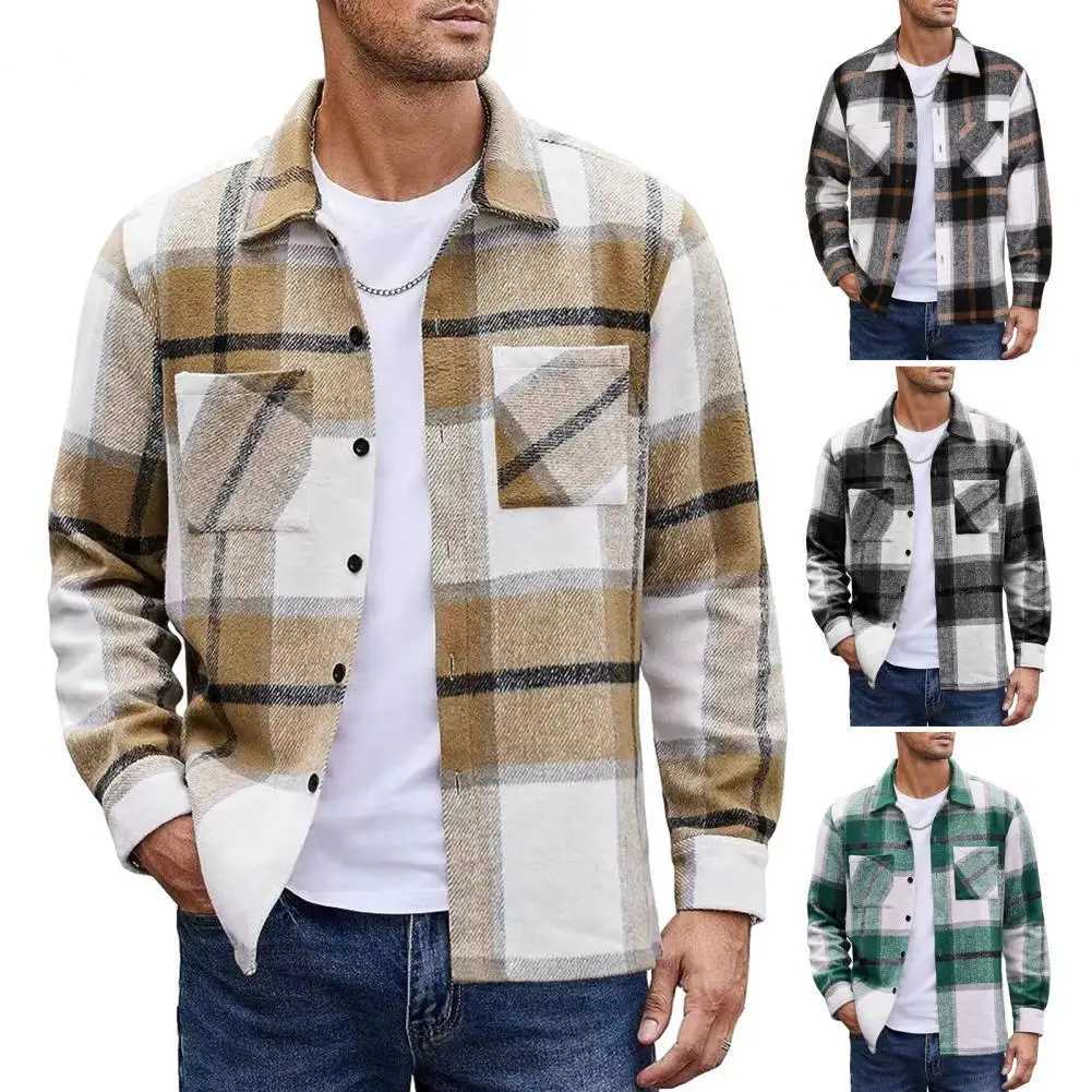Men Vintage Shirt Jacket Mens Plaid Print Shirt Coat Casual Button Down Jacket with Long Sleeve Fleece Shacket for Autumn LX241017
