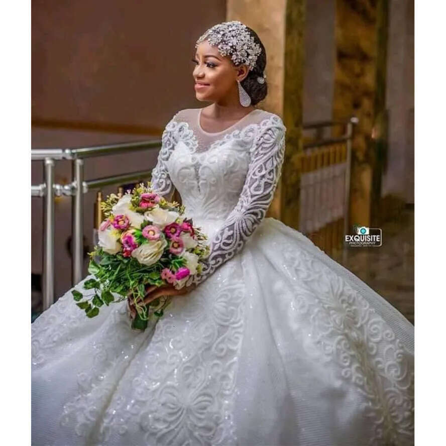 Size Wedding Plus 2022 Dresses Beading Bridal Gowns Long Sleeve Crystal Lace Appliqued Sequined Vestidos De Novia Cg001