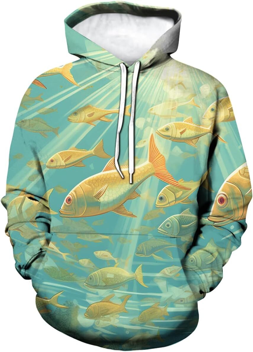 Hoodie for Mens Womens Unisex Fish Hoodies Novelty Print 3D Patternv Hooded Sweatshirt Pullover With Pocket,Green,Graphic Hoodies sweatshirt