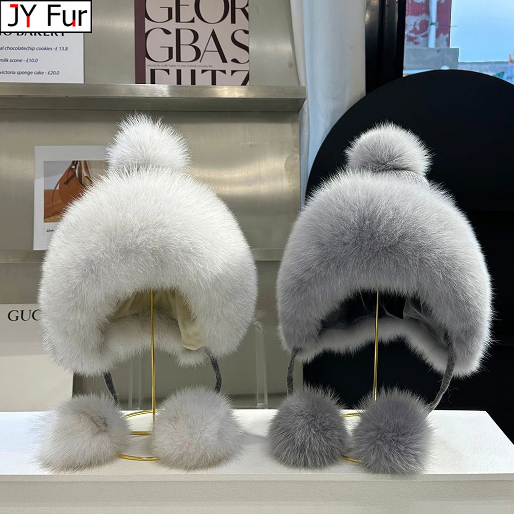Outdoor Earflap hat Wool Knitted Snow Ski Cap Fleece Bomber Trapper Hat Women Ushanka Real Fox Fur Pompom Winter Russain Cossack 241009