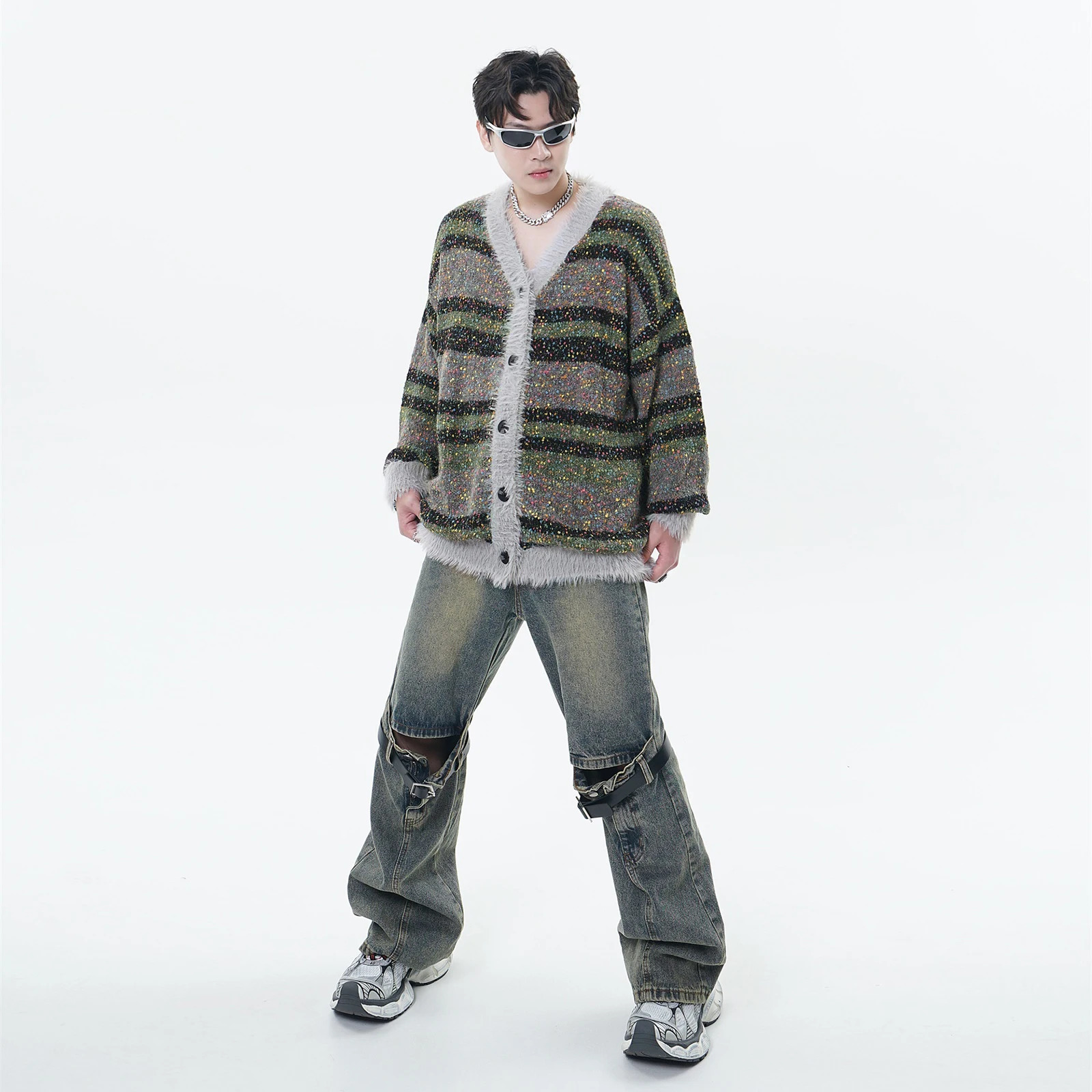 Colorful Spotted Stripe Cardigan Sweater Y2k Harajuku Mens and Womens Loose Mohair Knitwears Autumn Winter Knitted Outwear 241017