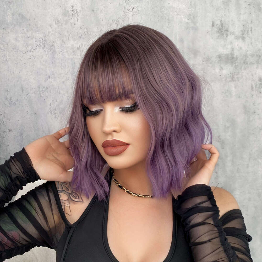 Purple Water Ripple Wig, Female Pear Blossom Short Curly Hair, Air Bangs, Synthetic Headband, Hair Wig
