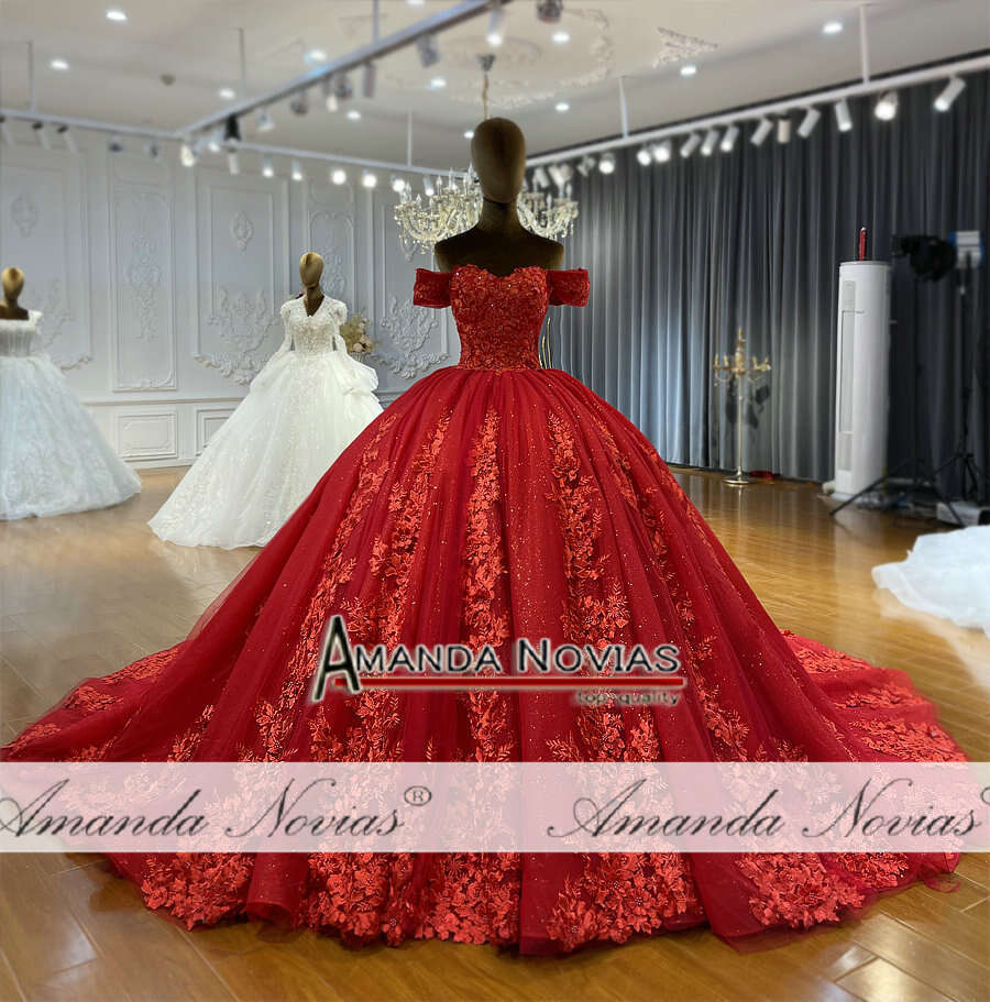 Off Shoulder Lace Red Ball Gown Wedding Dress