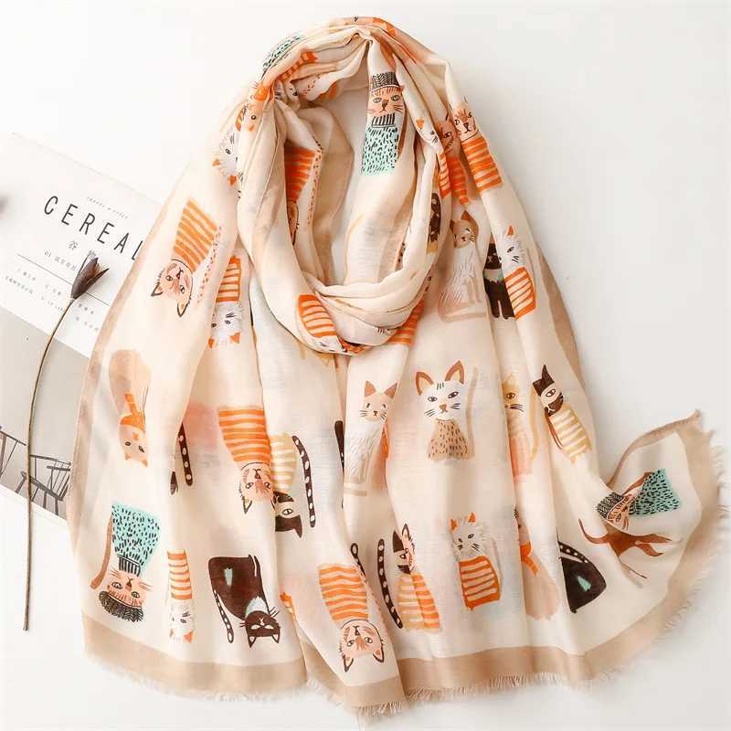 2023 Autumn Cute Cartoon Cat Pattern Adhesive Shawl Womens High Quality Soft Packaging Pashmina Stole Bufandas Muslim Headscarf 180 * 90cm X241017