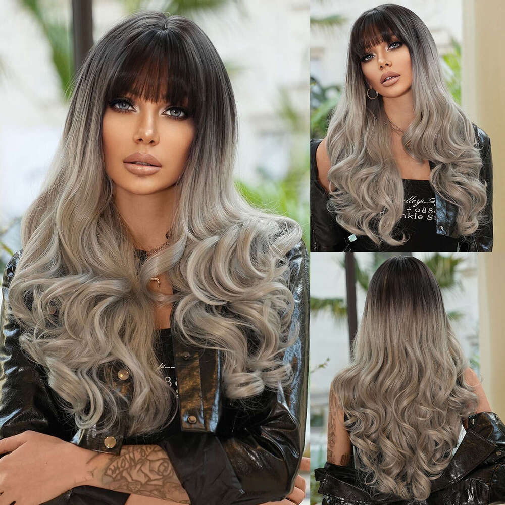 Fashion Gradient Silver Gray Long Hair, Big Curly Head Female Stage Performance Wig, Full Top