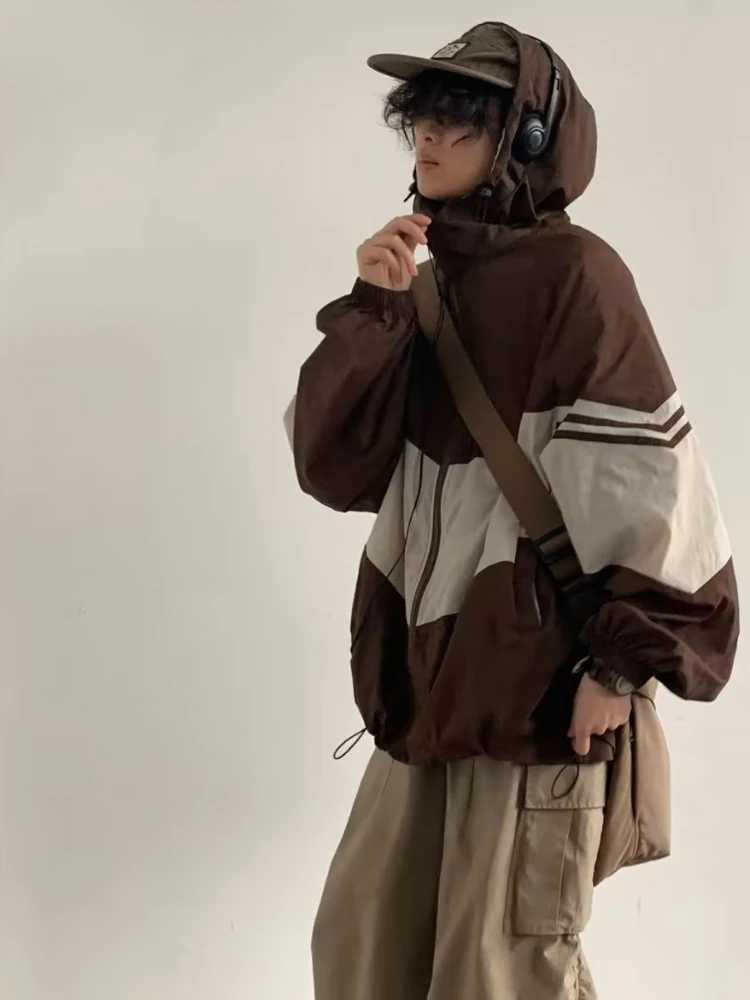 Mens jacket hoodie pocket patch color scheme is fashionable comfortable waterproof casual retro Japanese style fashionable M241017