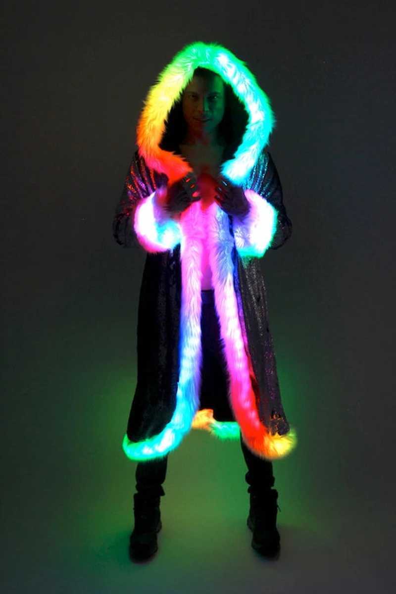 LED glitter faux fur mens jacket nightclub patch workwear long hoodie comfortable holiday party music festival clothing faux fur leather jacket W24122