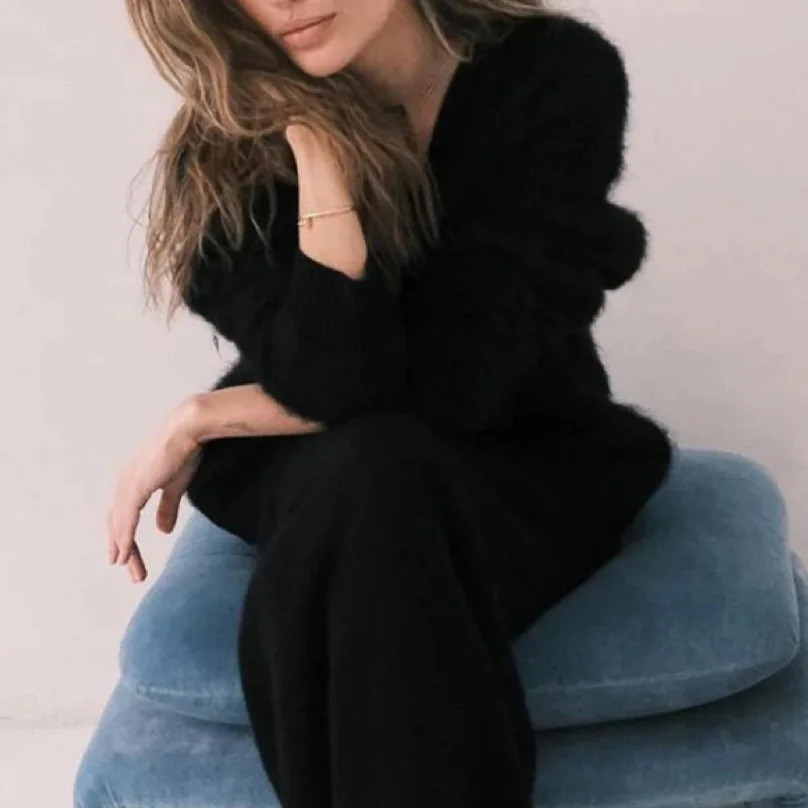 Elegant Mohair Knitted Cardigans Loose O Neck Single Breasted Long Sleeve Sweater Fall Clothes 2024 Women Pink Cardigan 241017