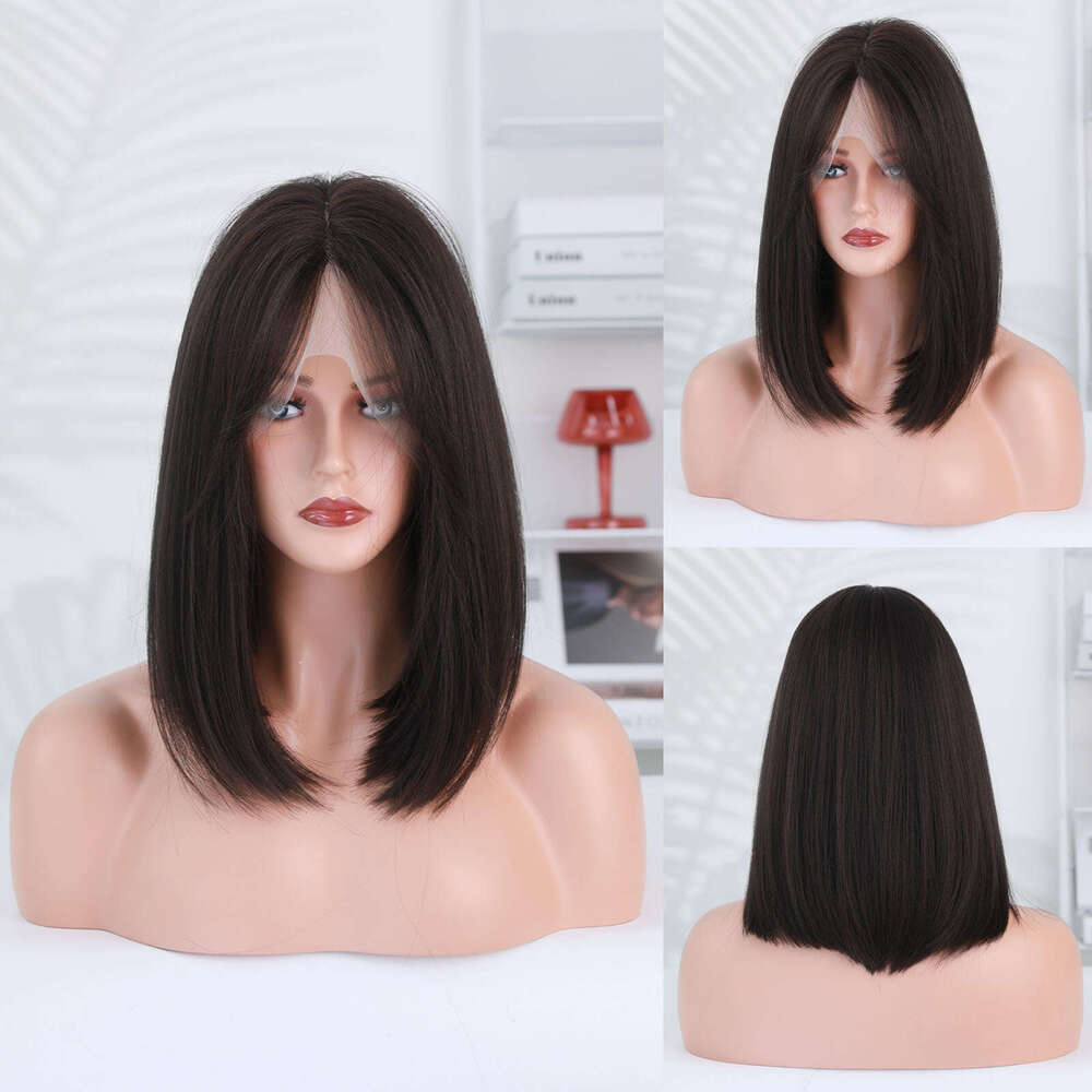 Ladies' Little T Front Wig Synthetic Full Headset Brown Short Straight Hair Mid Split Bob Lace Wigs