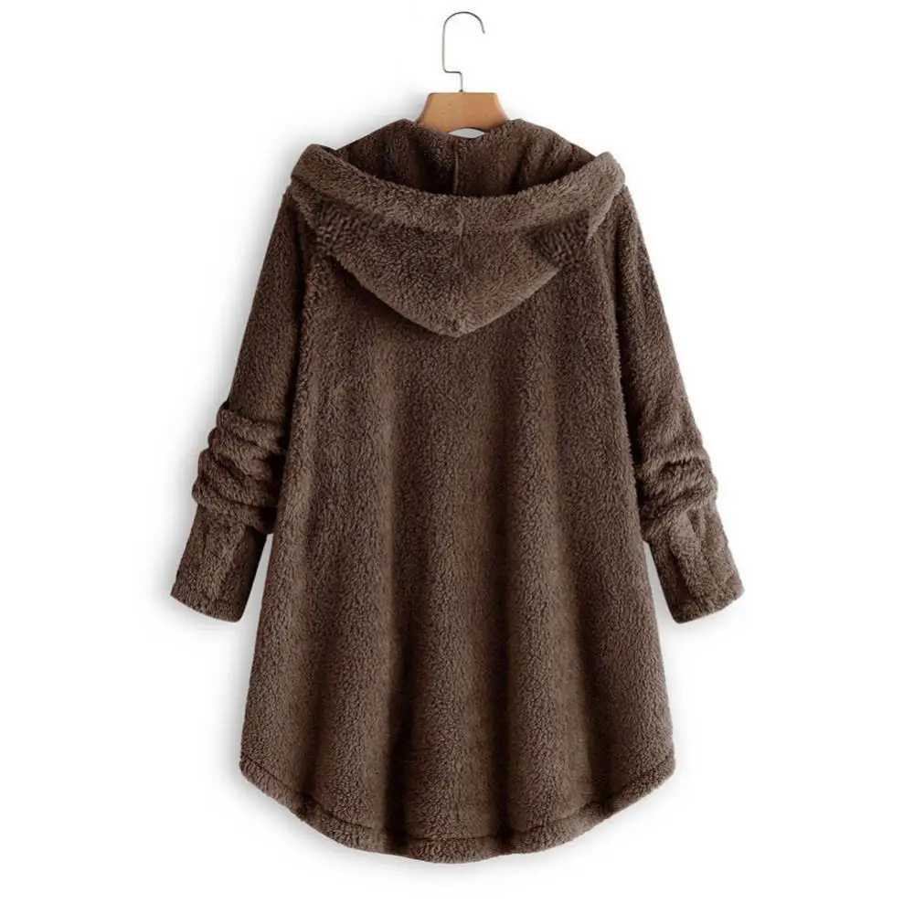 Cute Thick Plush Women Hoodies Winter Fur Cats Ears Hooded Irregular Hem Button Jacket Fleece Hoodies CoatX241016
