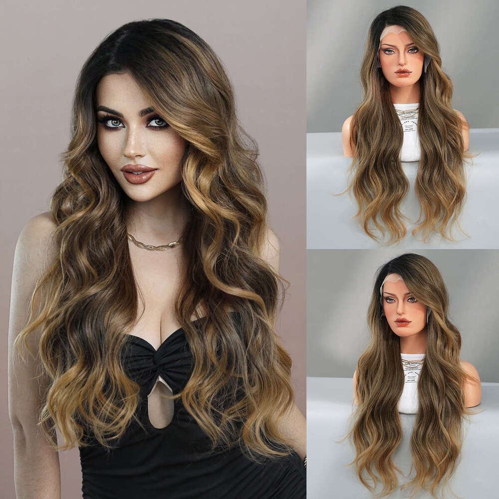 T Women's Wig Side With Brown Gradient Waves, Long Rolled Synthetic Lace Wig, Full Top