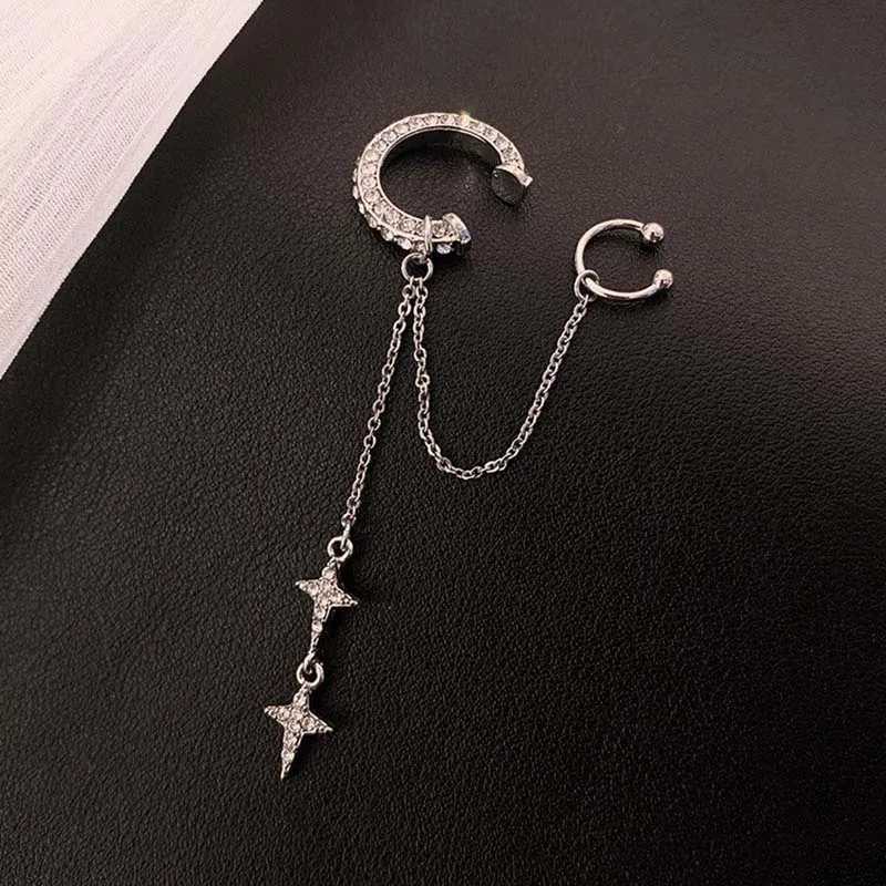Sparkling silver crystal cross star tassel ear clip suitable for women fashionable rhinestones long holiday earmuffs perforated ear sleeves jewelry W2